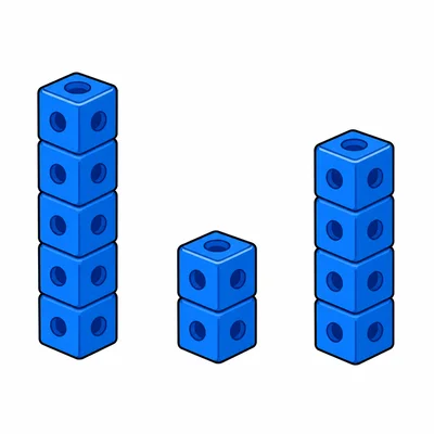 Three groups of counting cubes showing five cubes, two cubes, and four cubes.