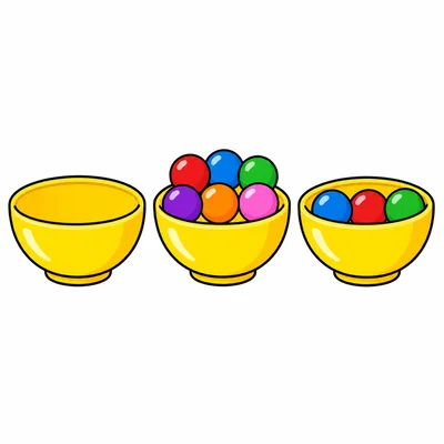 Three bowls with no balls, six balls, and three balls.