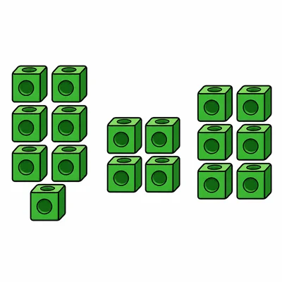 Three groups of counting cubes showing seven cubes, four cubes, and six cubes.
