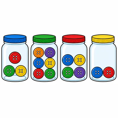 Four jars with three buttons, six buttons, four buttons, and two buttons.