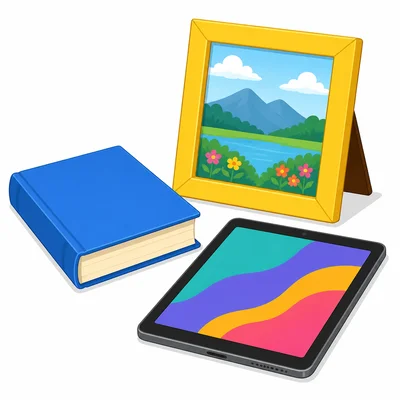 A book, picture frame, and tablet shaped like rectangles.