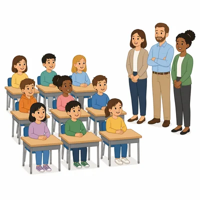 Students and teachers in a classroom.