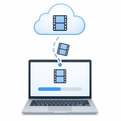 A laptop receiving a movie download from a cloud.
