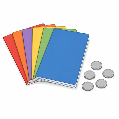 A pack of notebooks with coins beside it.