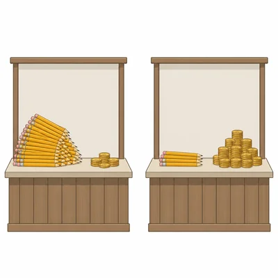 Two store counters with pencils and coins for comparison.