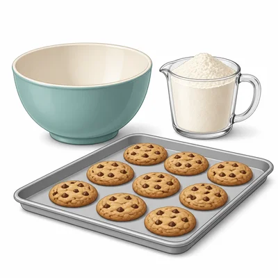 Flour, a mixing bowl, and cookies for a recipe.