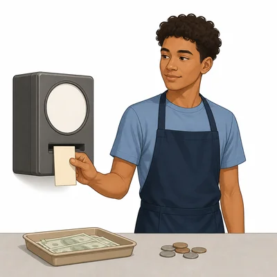 A worker with a time clock and money.