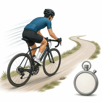 A bicyclist riding with a stopwatch nearby.
