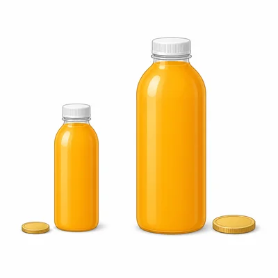 Two different-sized juice bottles with coins.