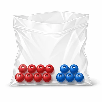 A bag of red and blue beads arranged to show a larger red group than blue group.