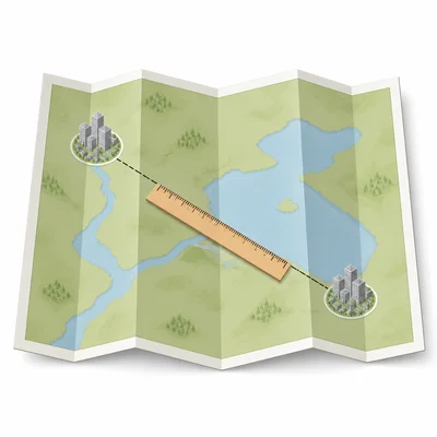 A map with two city markers connected by a dashed line and a ruler showing map distance.