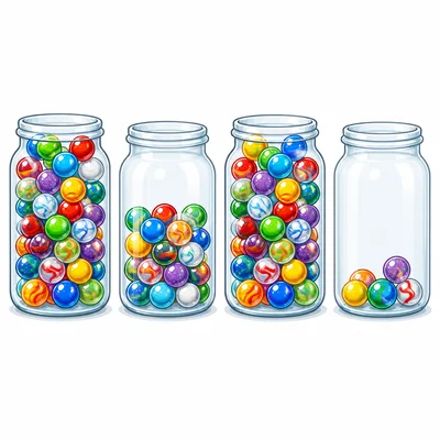 Four marble jars, with the first and third jars equally full.