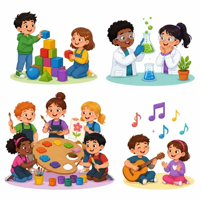 School subject choices shown with icons and different-sized groups of children.