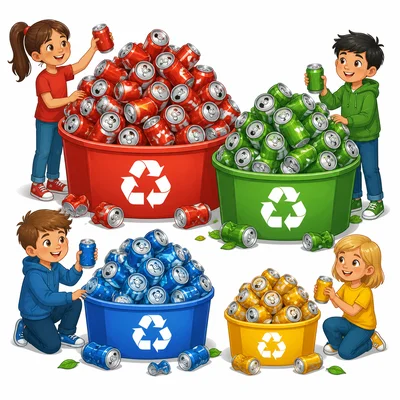 Colored recycling piles showing the red team with more cans than the blue team.