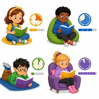 Four children reading with different visual timer bars showing reading time.