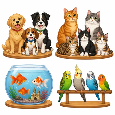 Groups of classroom pets, with more cats than birds.