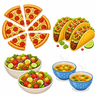 Four lunch food groups showing different amounts of pizza, tacos, salad, and soup.