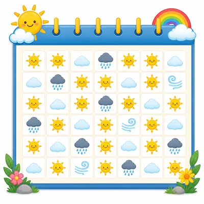 A calendar-style grid with sunny, rainy, cloudy, and windy weather icons.