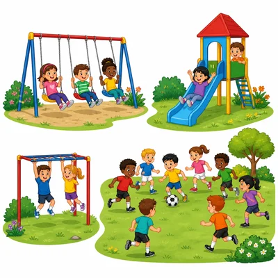 Playground activities with different-sized groups of children at each activity.