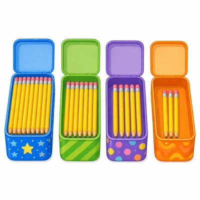 Four pencil boxes containing different amounts of pencils, with one box holding fewer pencils.