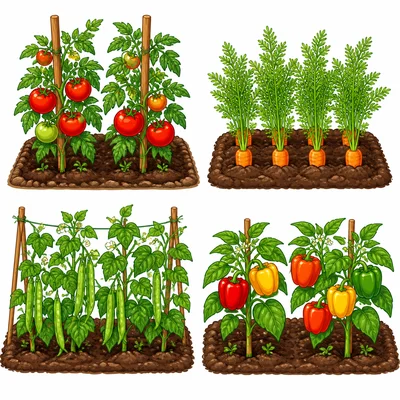 A class garden with tomato, carrot, bean, and pepper plant patches.
