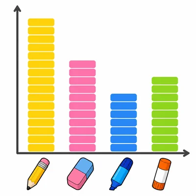 School supplies bar graph showing pencils, erasers, markers, and glue sticks.