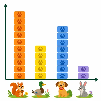 Park animals bar graph showing squirrels, ducks, dogs, and rabbits.