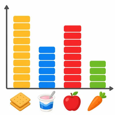 Snack choices bar graph showing crackers, yogurt, apples, and carrots.
