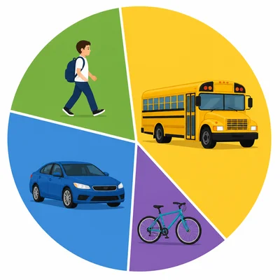 Circle graph with bus, car, walking, and bicycle sections, with bus the largest.