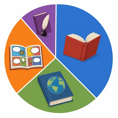 Circle graph of library book types with comics taking one fifth.