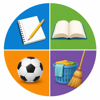 Circle graph of after-school time divided into four equal parts.