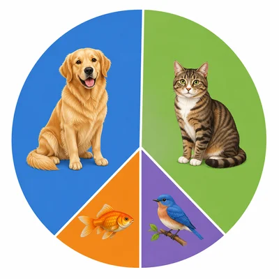 Circle graph of pet choices showing large dog and cat sections.