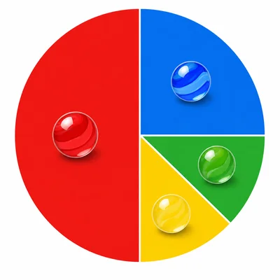 Circle graph of marble colors with blue taking one quarter.