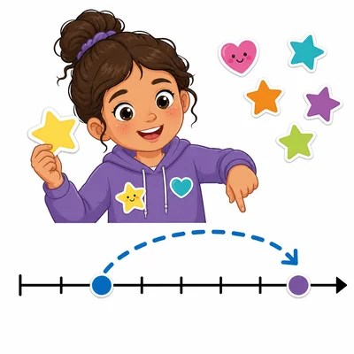 A child with colorful stickers and a blank number line showing rounding up.