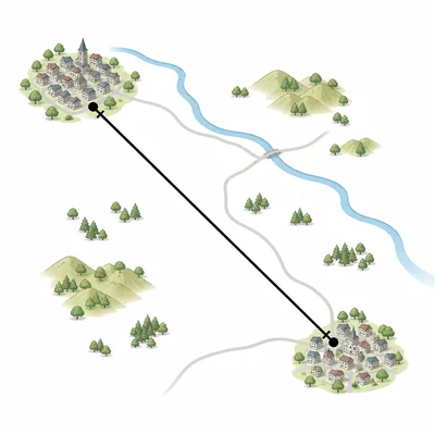 A simple map showing two towns connected by a measured distance.