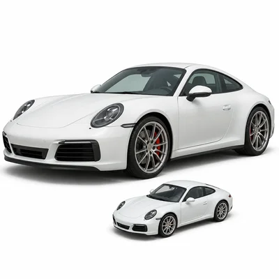 A small model car shown in front of a larger real car.