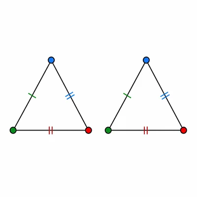 Two congruent triangles with matching corresponding sides.