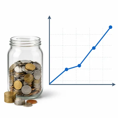 Savings jar with coins next to an unlabeled rising line graph.