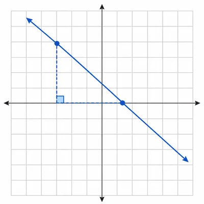 Unlabeled coordinate grid showing a descending line through two points with a slope triangle.