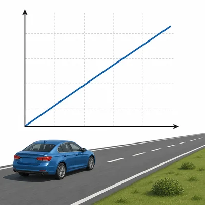 Car on a road with an unlabeled rising line graph indicating constant rate.