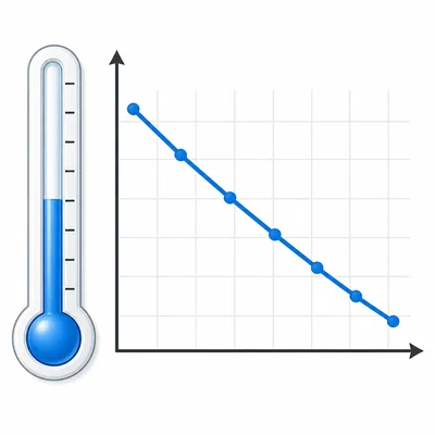 Thermometer and downward sloping graph showing temperature decreasing over time.