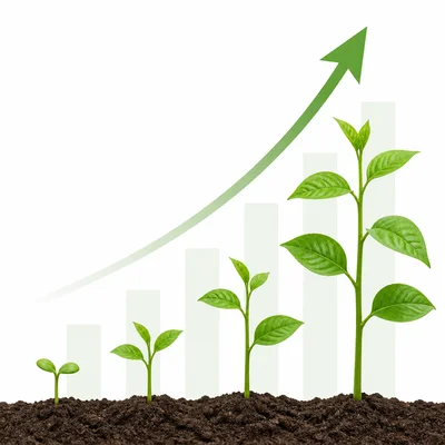 A plant growing taller with an upward arrow and faint rising graph.