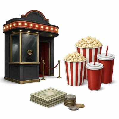 A movie theater entrance with money and snacks representing a spending limit problem.