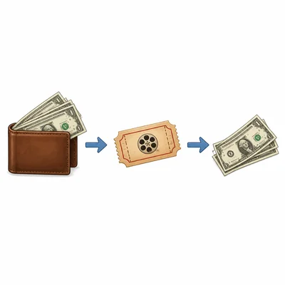 A wallet or cash, a movie ticket, and remaining bills showing money spent on a ticket.