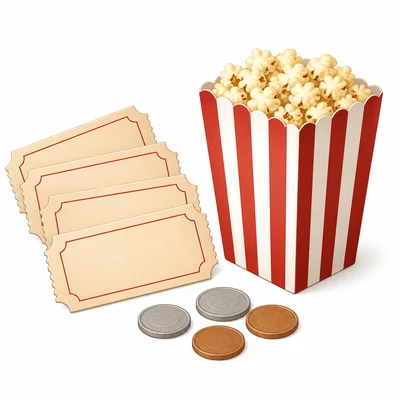 Movie tickets and one snack shown as a simple purchase scene.