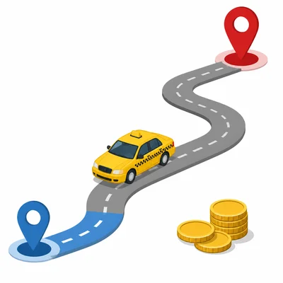 Taxi traveling along a route with coins representing a fare.