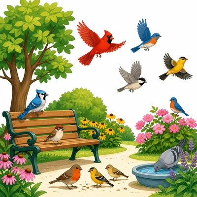Birds in a park, with some flying away and some staying.