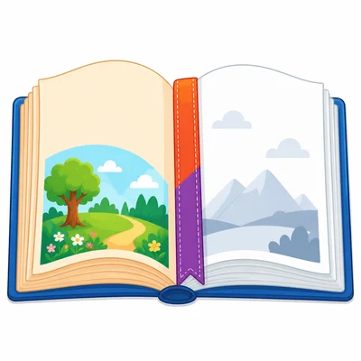 An open book with a bookmark showing pages read and pages left to read.