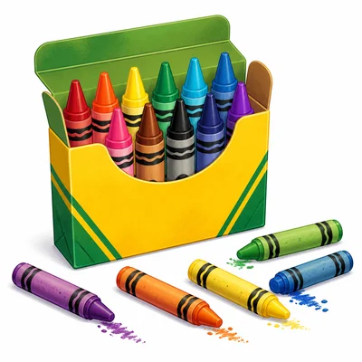 A crayon box with some crayons inside and some used crayons outside.