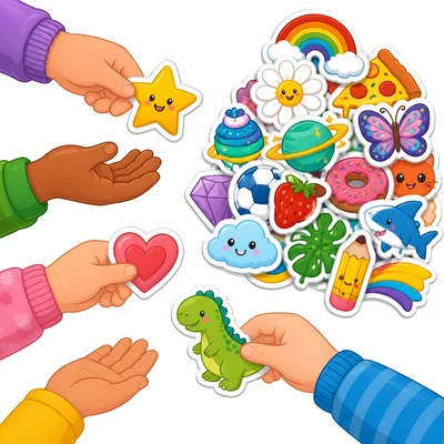Colorful stickers with some being given away and some left in a pile.